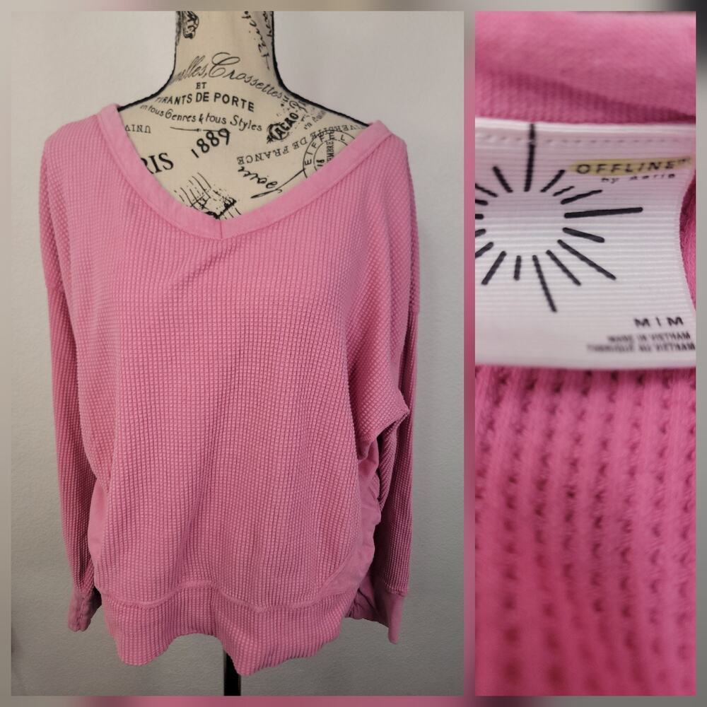 Aerie Oversized Sweatshirt Womens Medium Pulllover Waffle Knit Semi Crop Pink